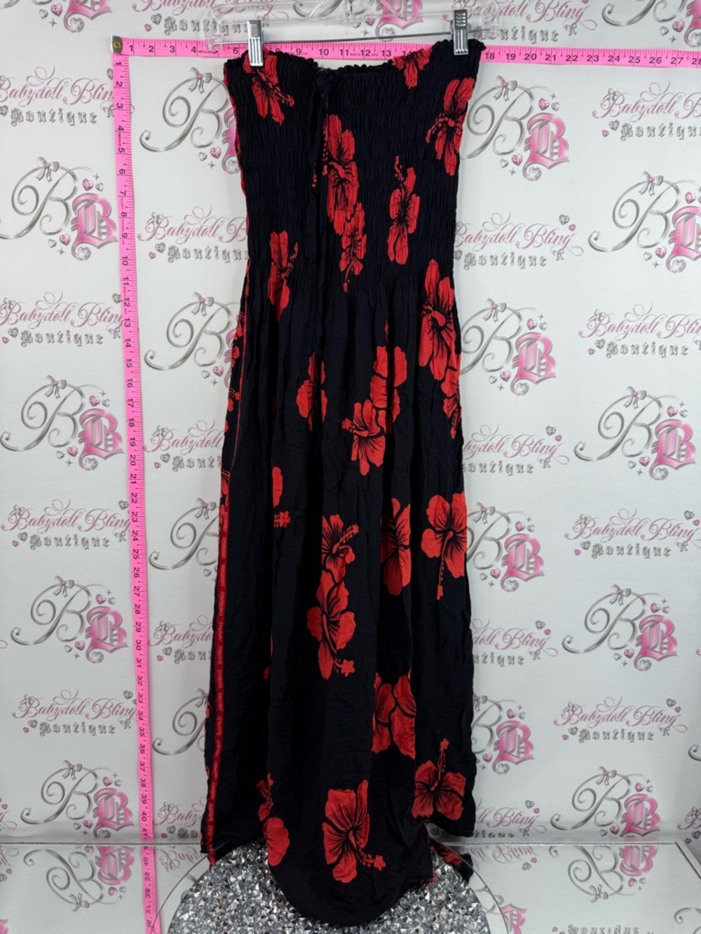 Hawaii dress hibiscus flowers floral Black & Red Floral Strapless Maxi Dress
